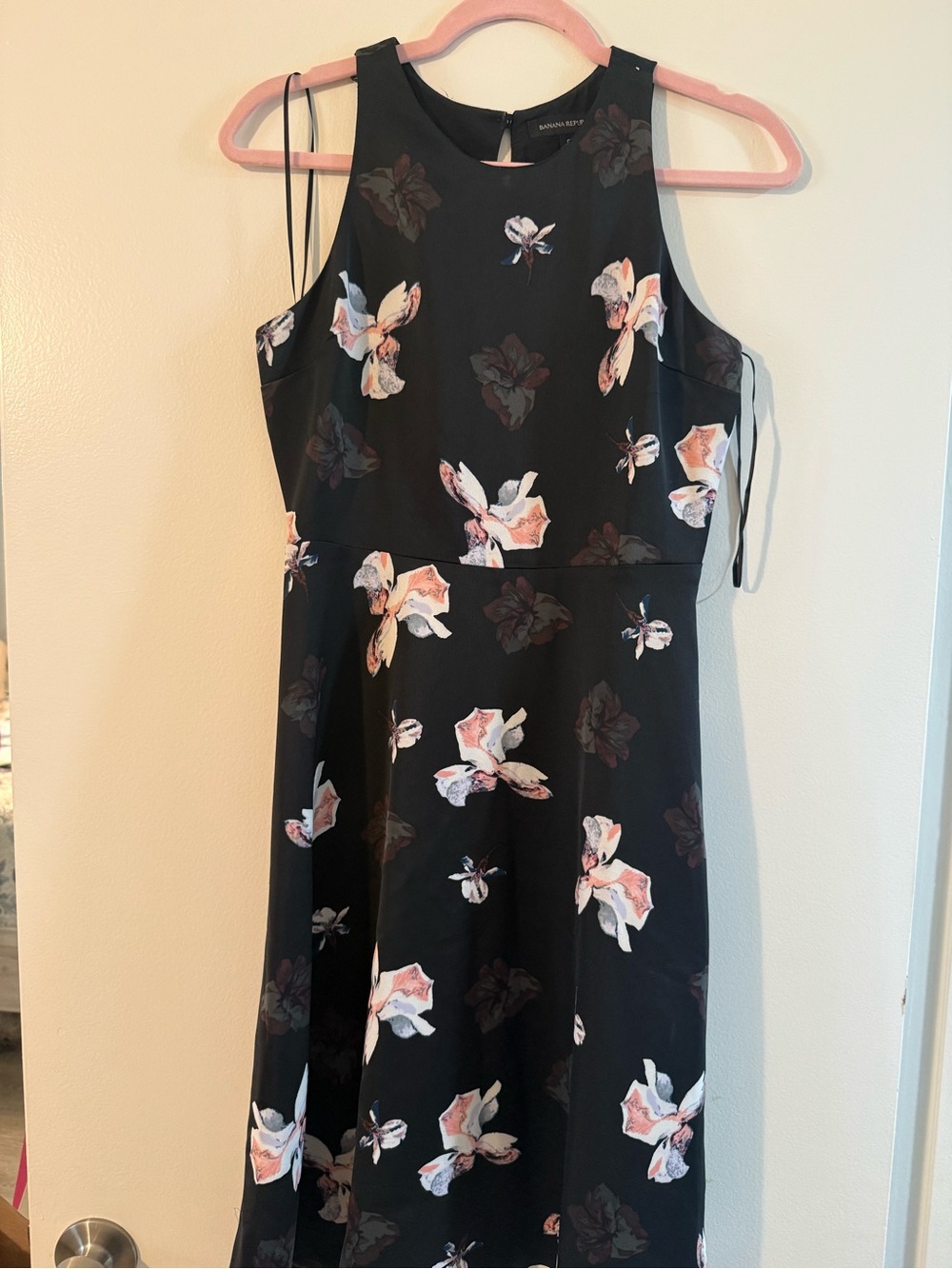 Banana Republic Black Floral Midi Dress with Pink Accents